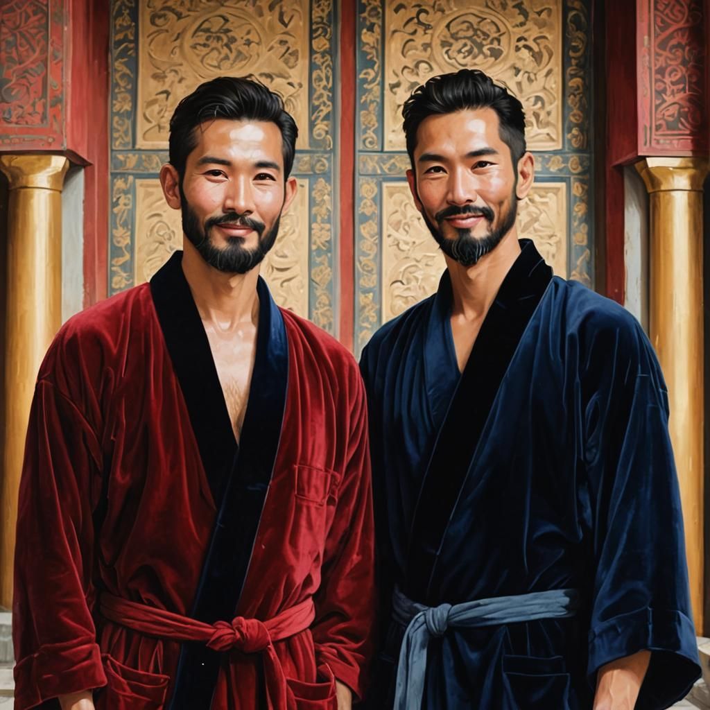 Hazara Men in Velvet Robes: Impressionist Mosque Portrait