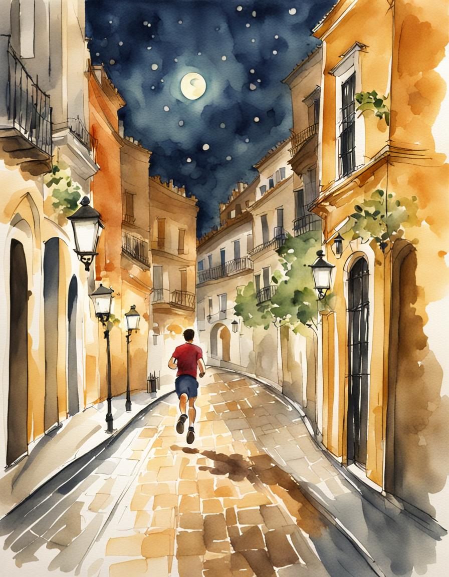 Watercolor Runner in Seville's Floodlit Streets