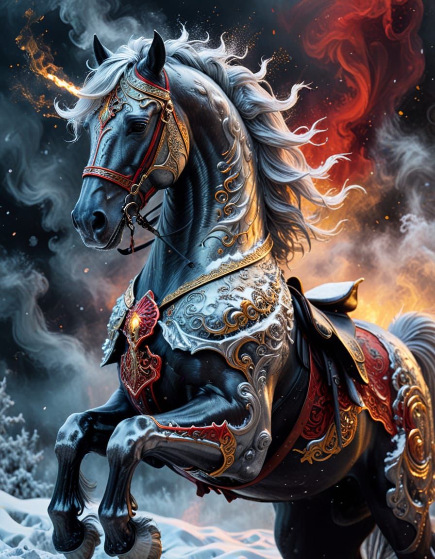 Majestic Winter Knight on Black Horse