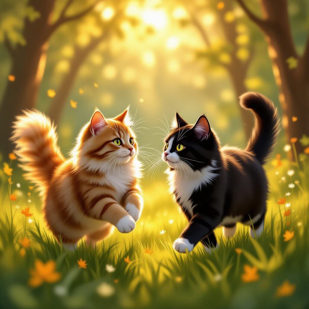 Brown Tabby and Black Cat Play Tag in Forest