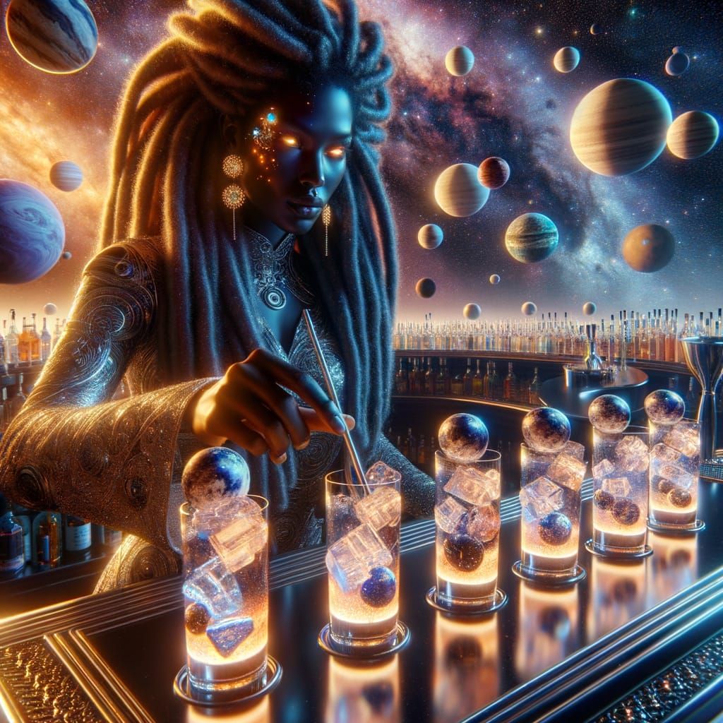 Afrofuturist Celestial Bartender Serving Planetary Cocktails
