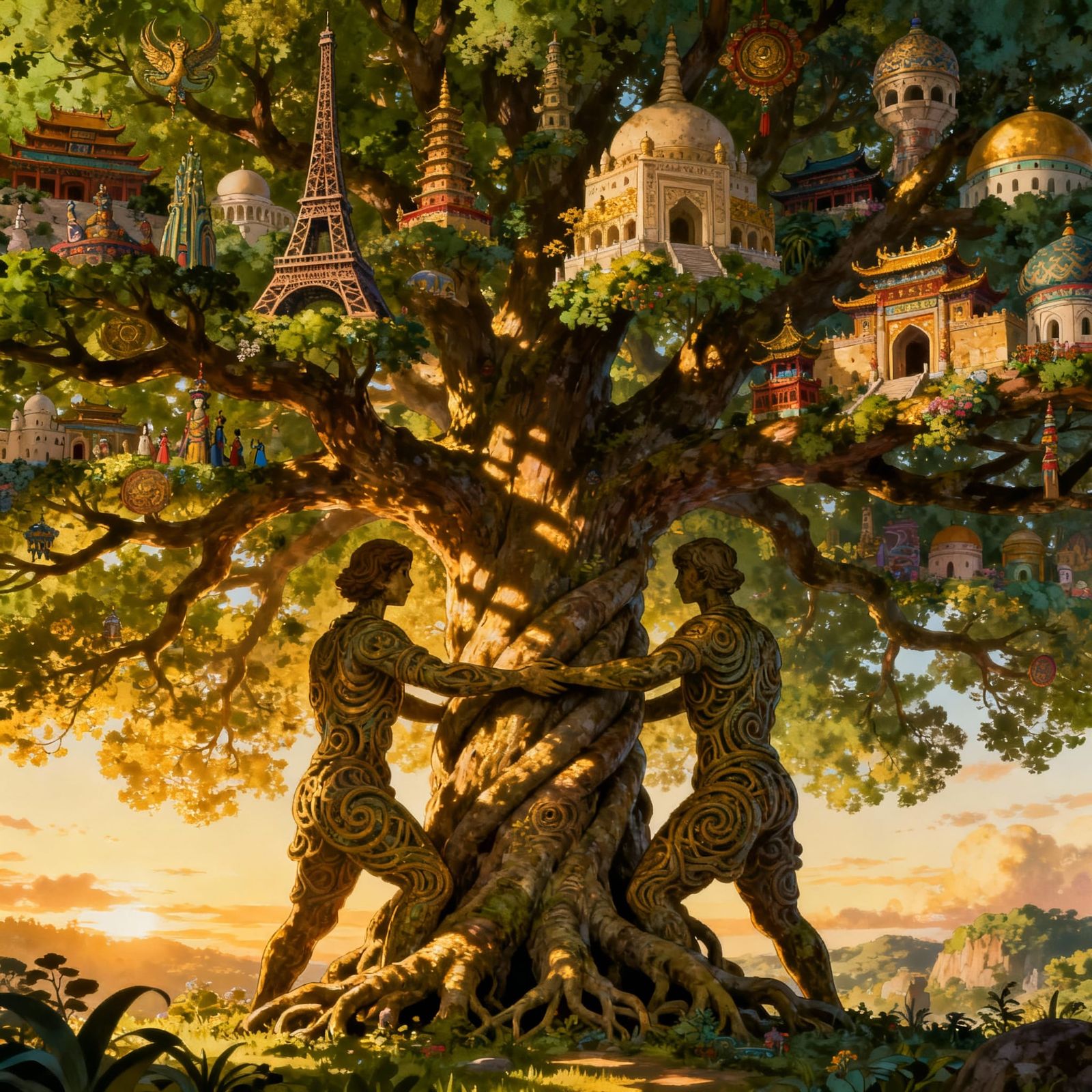 Ancient Tree of Unity: Cultural Branches in Golden Light