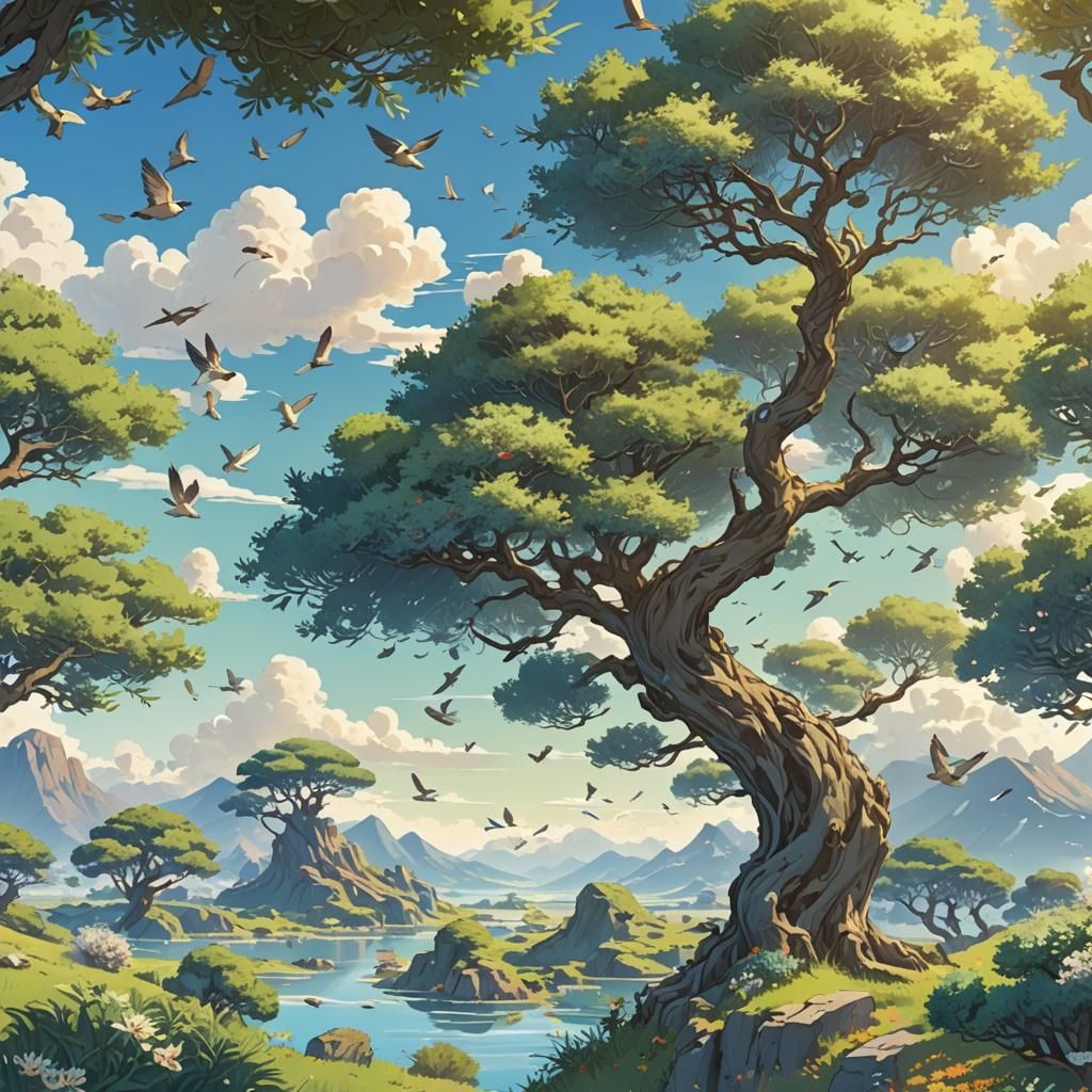 Flying Olive Tree in Anime Key Visual Style