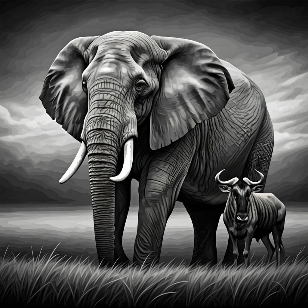 Elephant and Wildebeest in Black and White