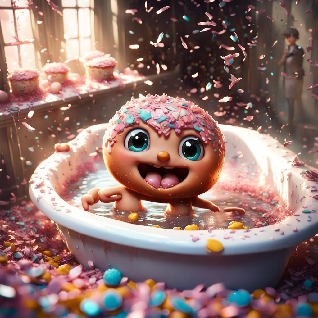 Adorable Chibi Donut in Confetti Bath