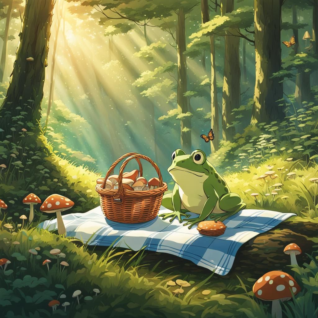Frog's Sunny Forest Picnic: Studio Ghibli Style