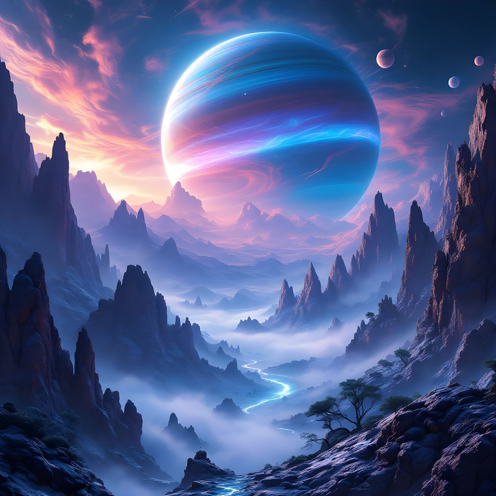 Surreal Galactic Landscape with a Gas Giant in the Distance