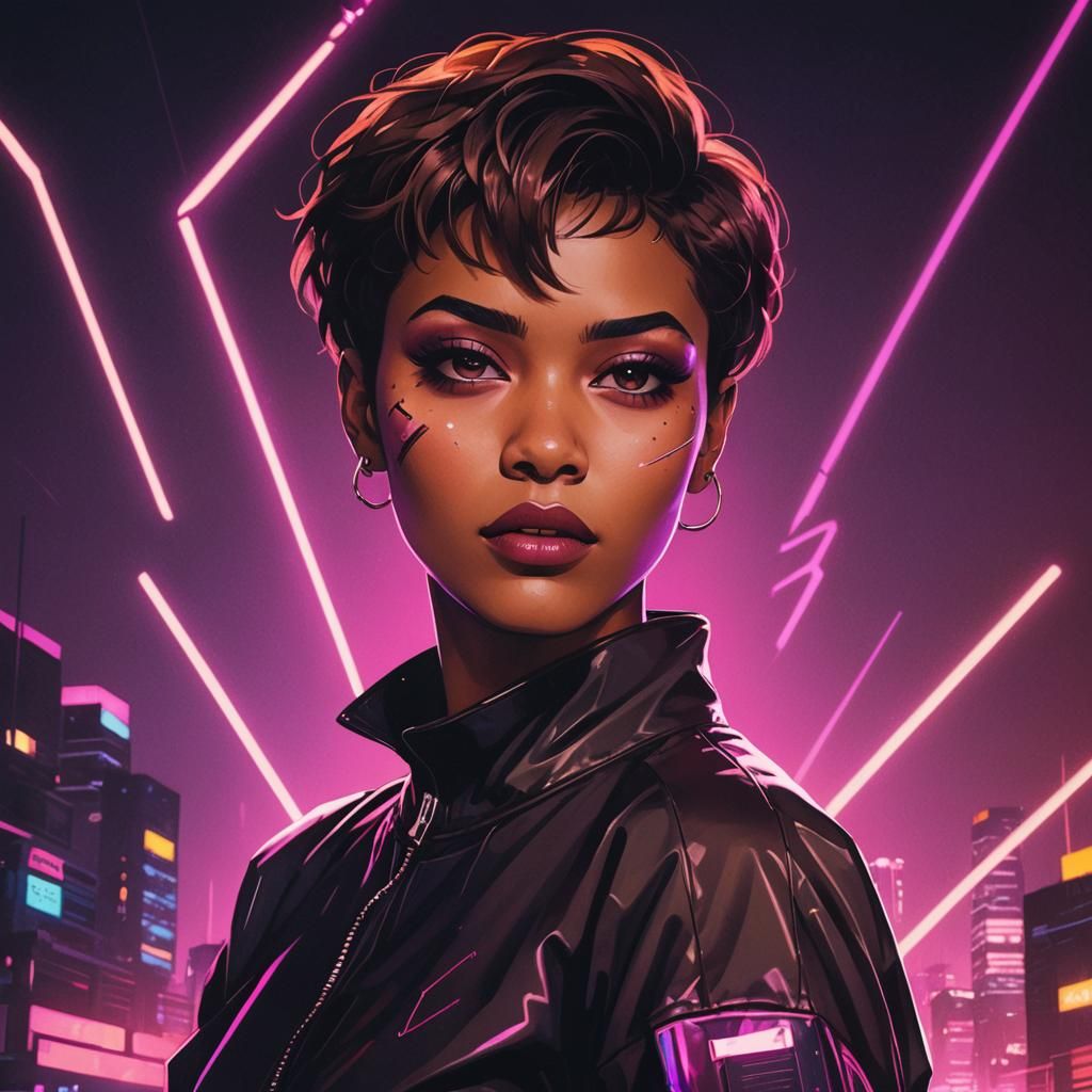 Fierce Girl in Corrupted Synthwave Neon Retro World
