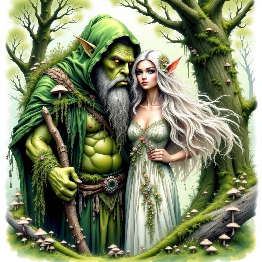 Ogre and Ethereal Woman in Wet Watercolor Style