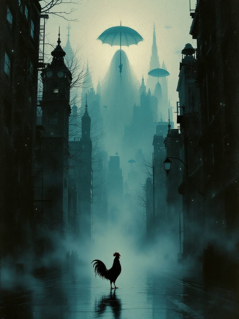 Lone Rooster Amidst Gothic Spires and Floating Umbrellas