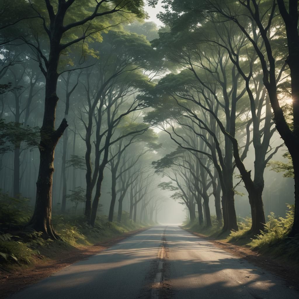 Moonlit Road Through Forest in Anime Style