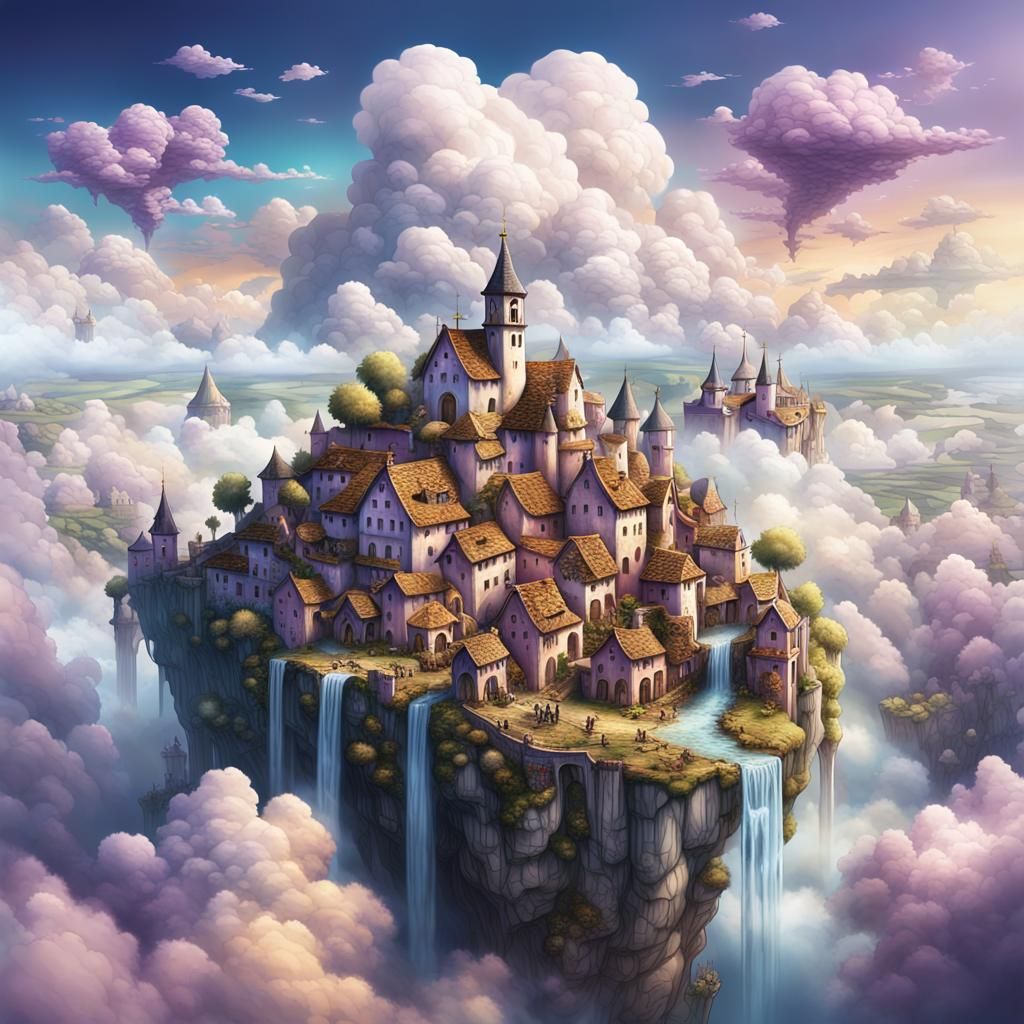 Surreal Village Descent in Dreamlike Digital Art