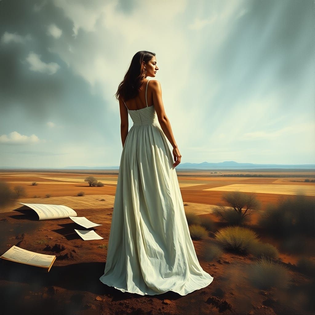 Surreal Woman in Dreamlike Landscape with Archival Documents