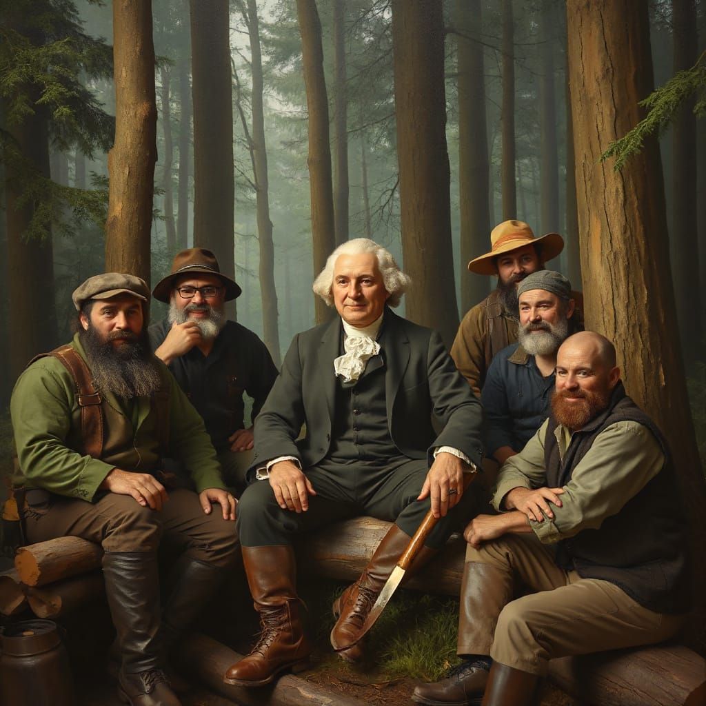 George Washington with Lumberjacks in Forest Oil Painting
