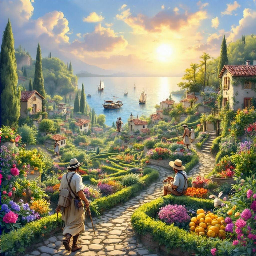 Mediterranean Garden at Sunrise in Oil Painting Style