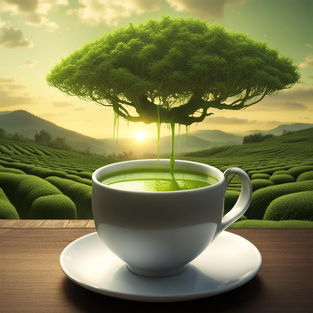 Verdant Tea Bush Emerges From Matcha Cup