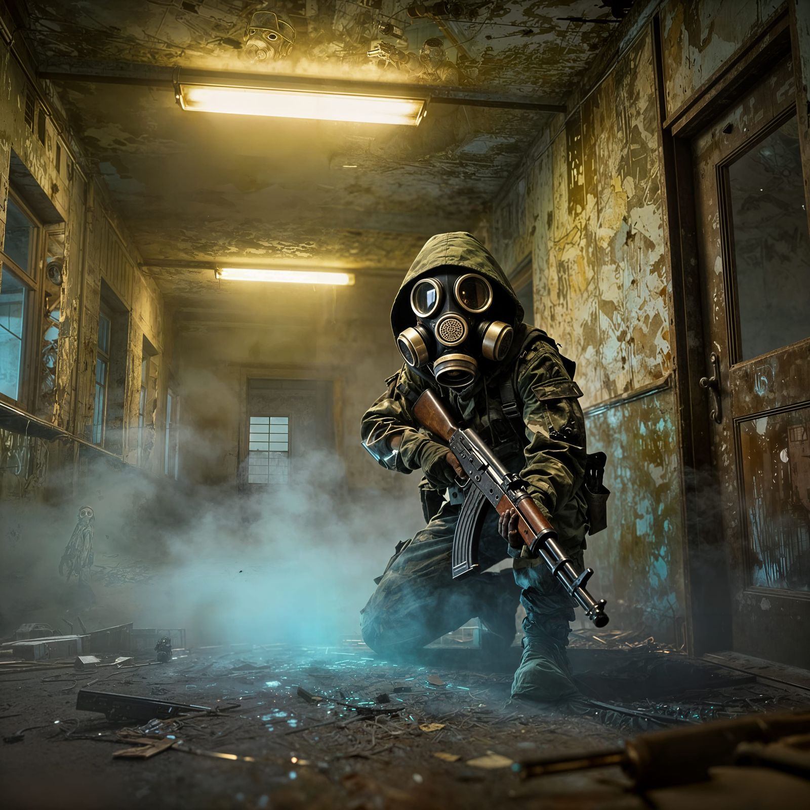 Abandoned Asylum with Stalker in Blue Neon Fog