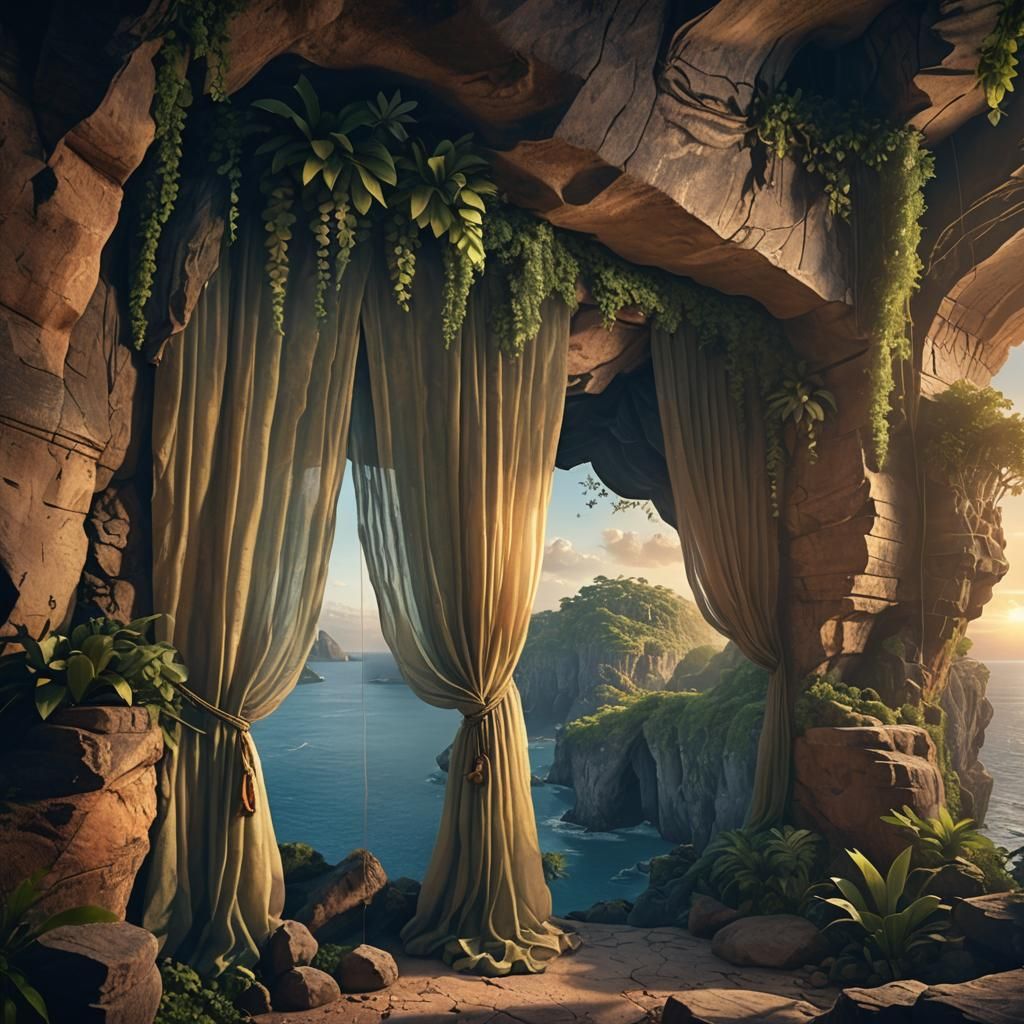 Tropical Cave with Curtains: Digital Matte Painting
