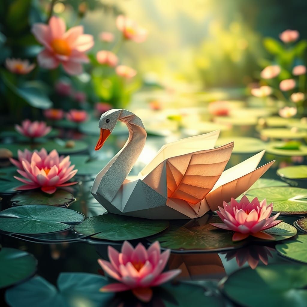 Origami Swan on Lily Pond in Ukiyo-e Style