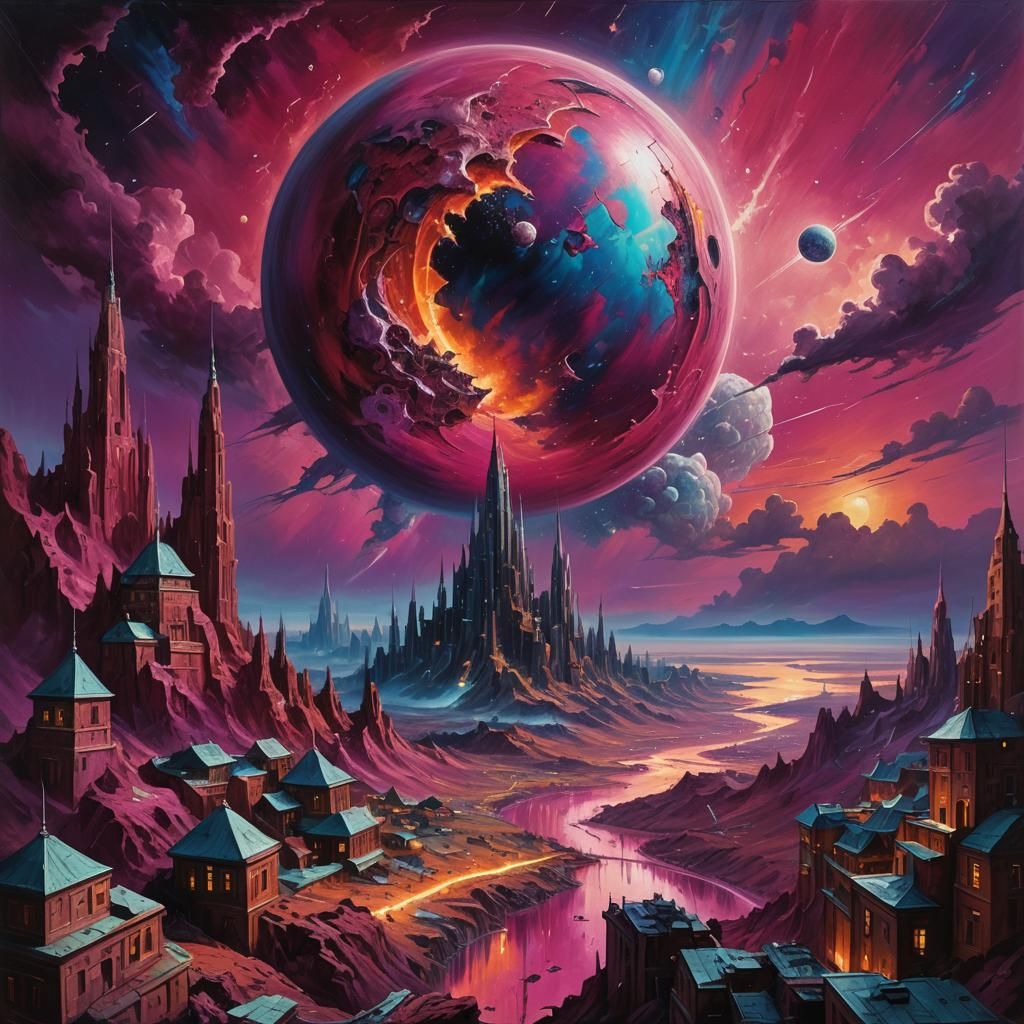 Surreal Planetary Cityscape in Oil Painting Style
