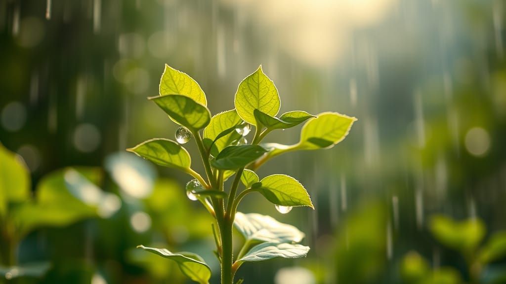 Lush Green Plant Dancing in Rain: Cinematic Still