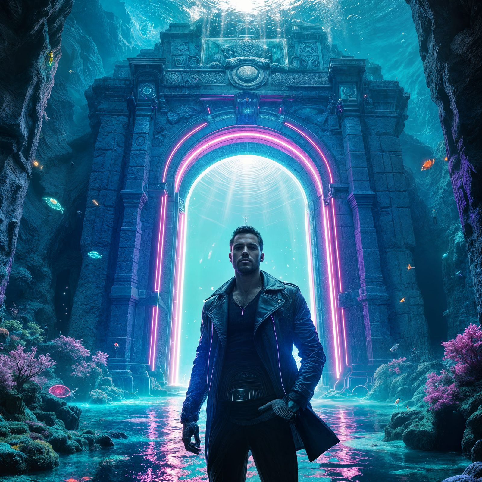 Man Stands Before Neon Portal to Underwater Paradise