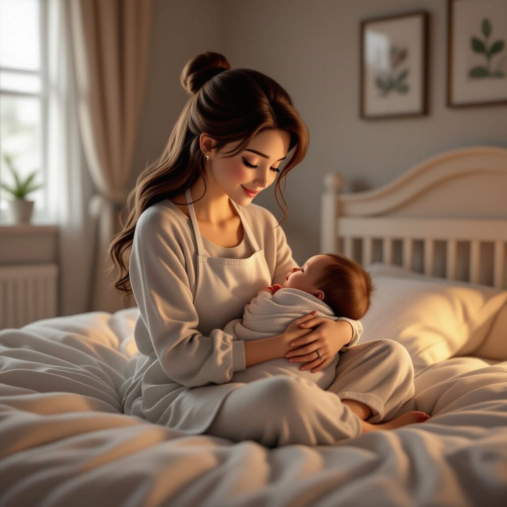 Mother Rocks Baby in Cozy Bedroom, Pixar 3D Style