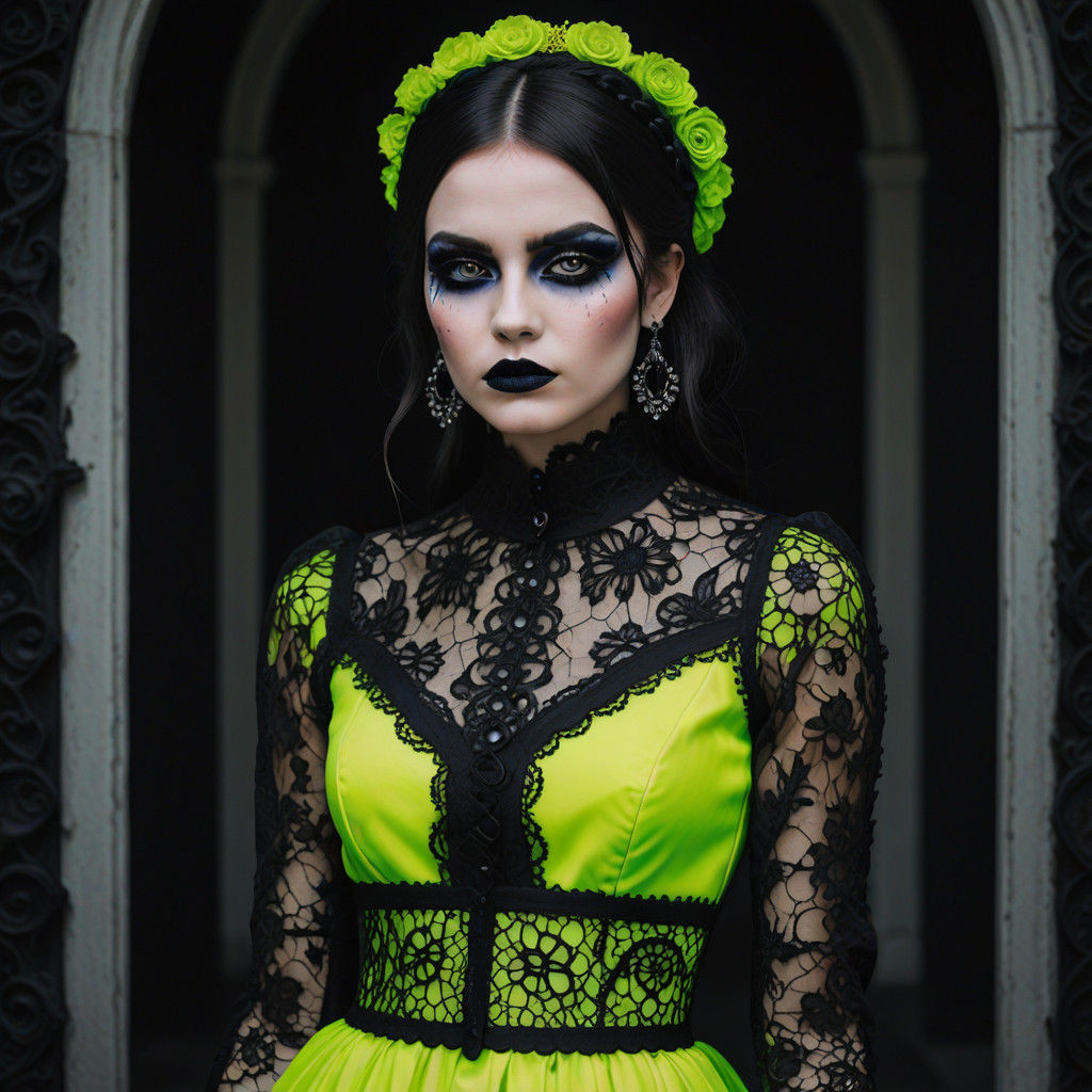 Girl in Neon Coloured Lace Dress with Goth Makeup
