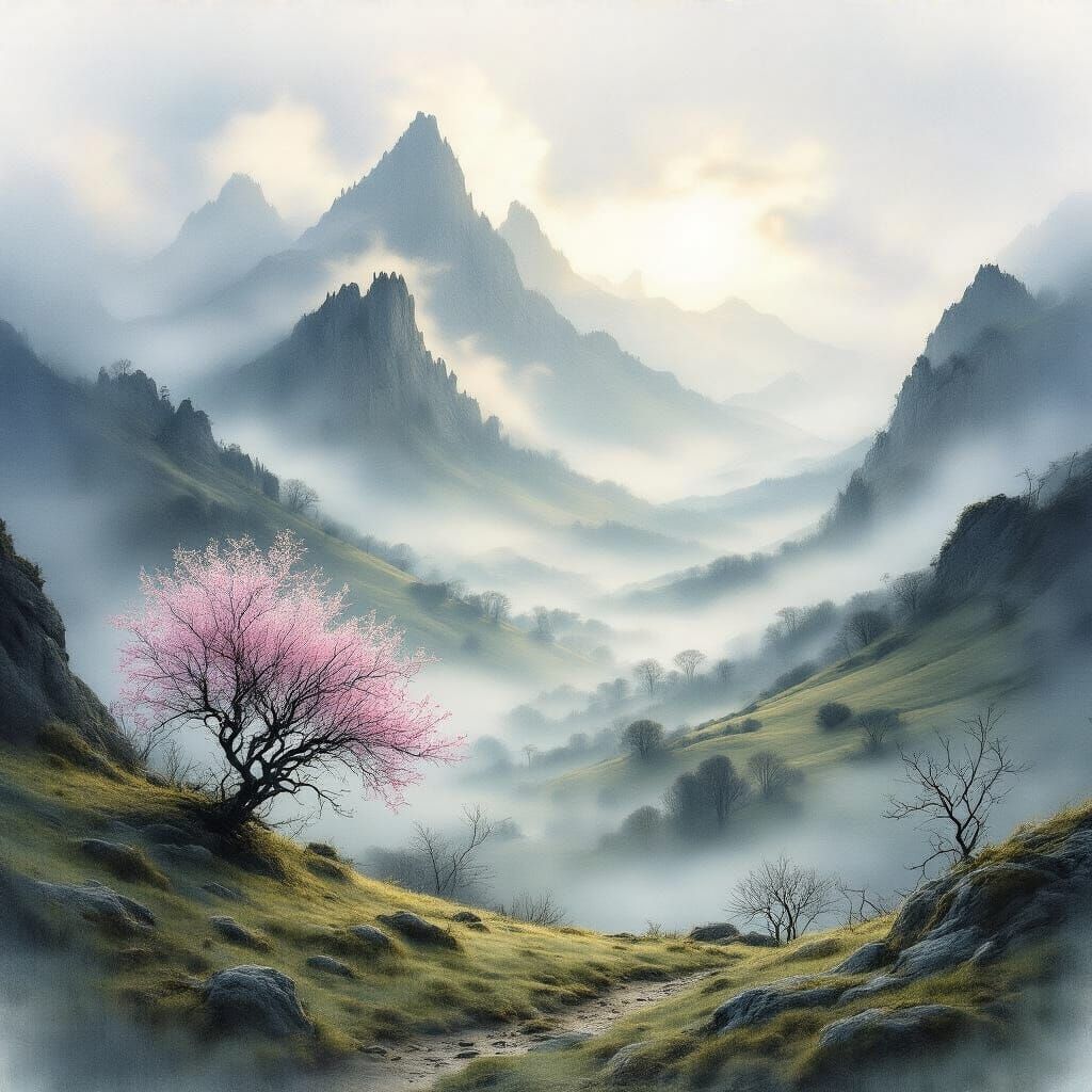 Spring Landscape in Ethereal Watercolor Style
