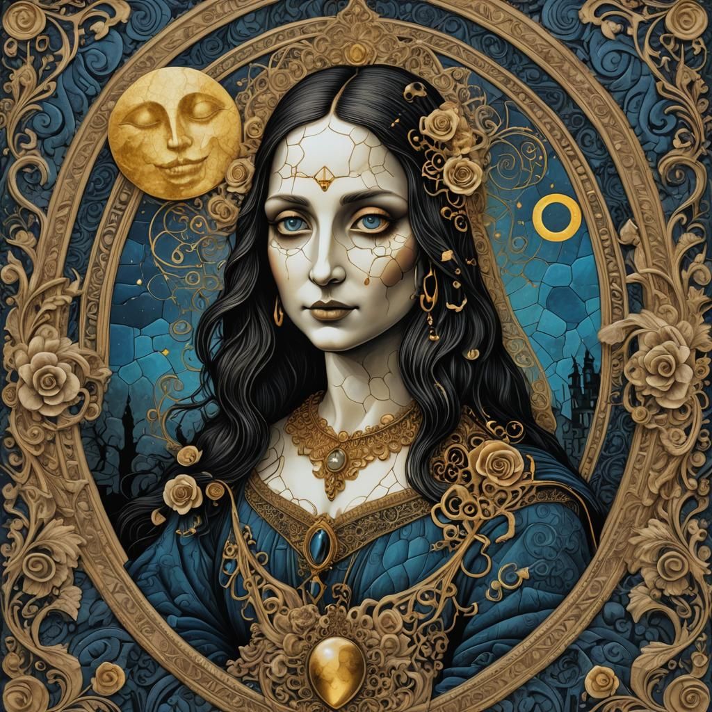 Whimsical Ink Heart with Ghosts and Moon