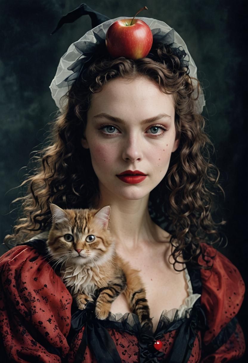 Whimsical Witch Portrait with Cat and Apple