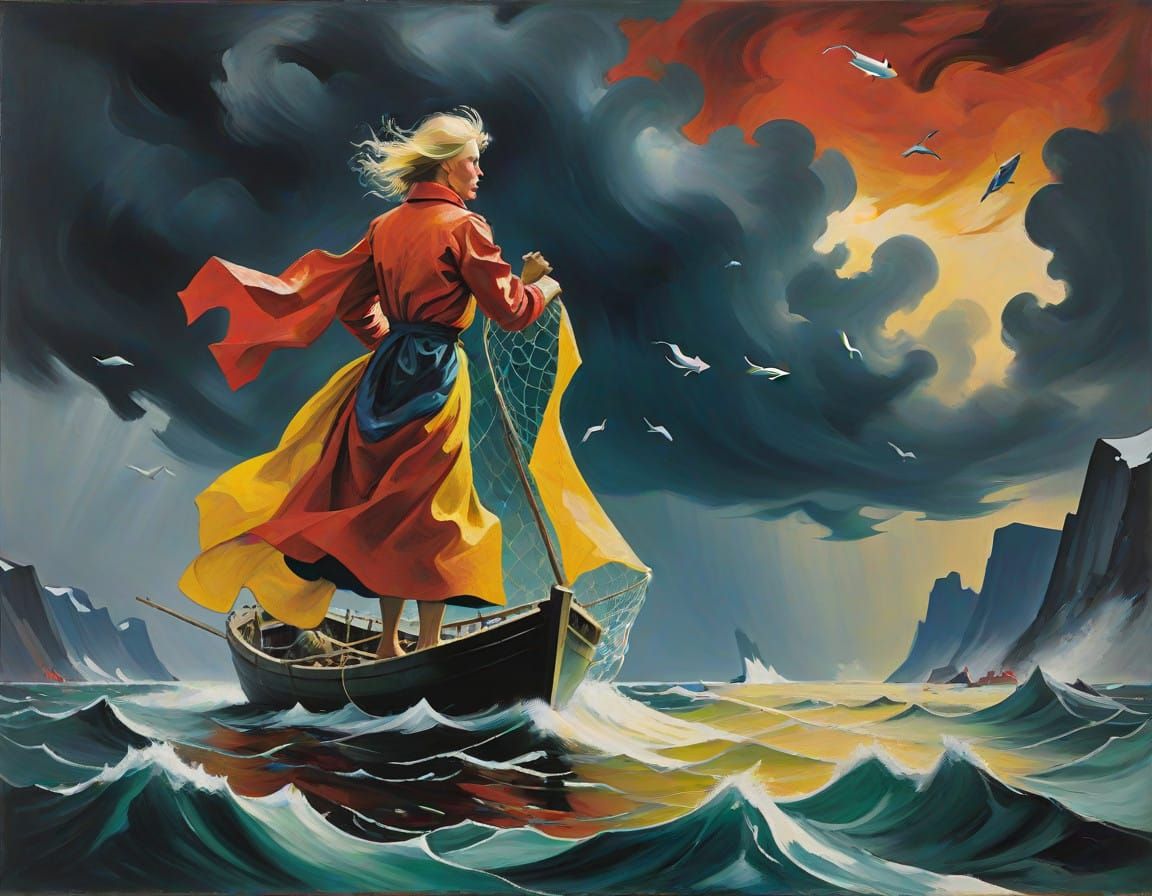 Rugged Norwegian Fisherwoman Against Turbulent Fjords