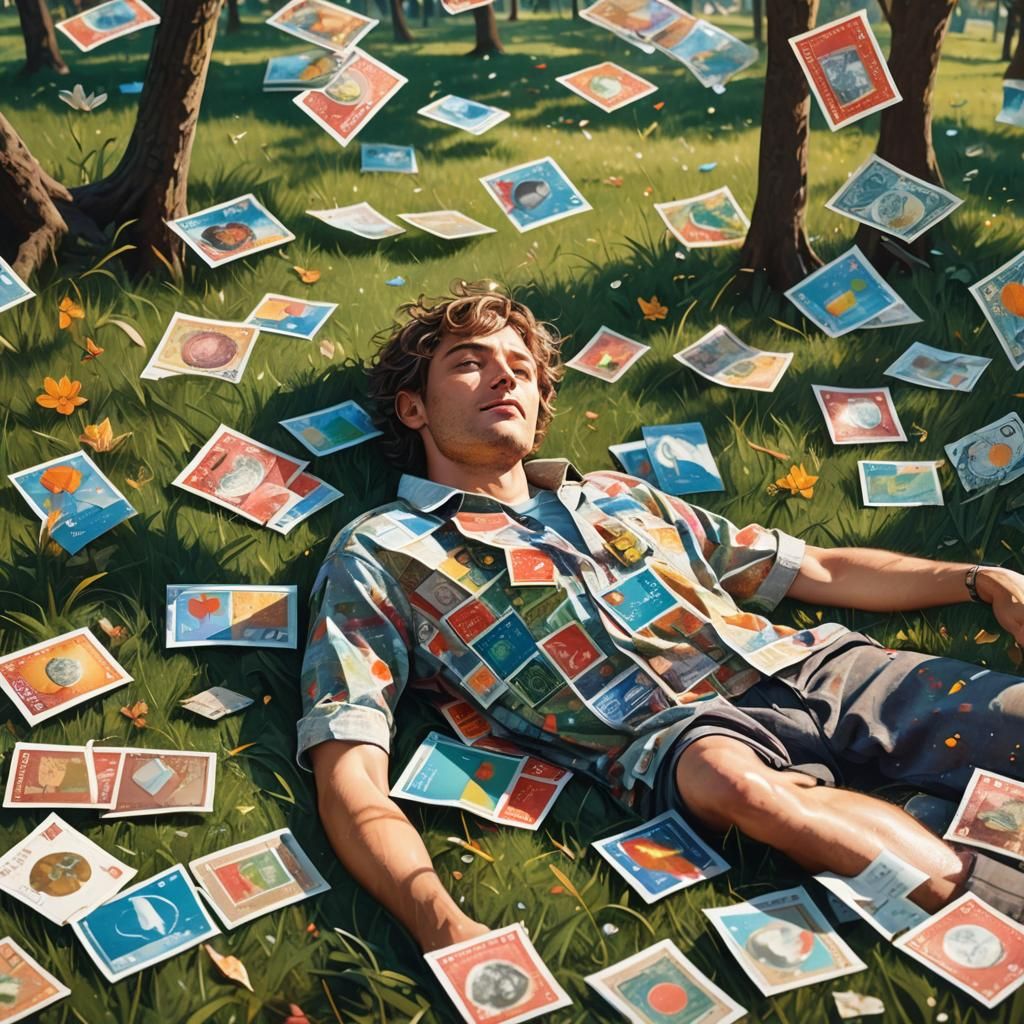 Surreal Lazy Day with Flying Postage Stamps