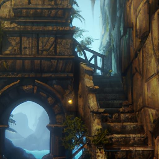 Mountain Staircase: Detailed Matte Painting in Deep Color