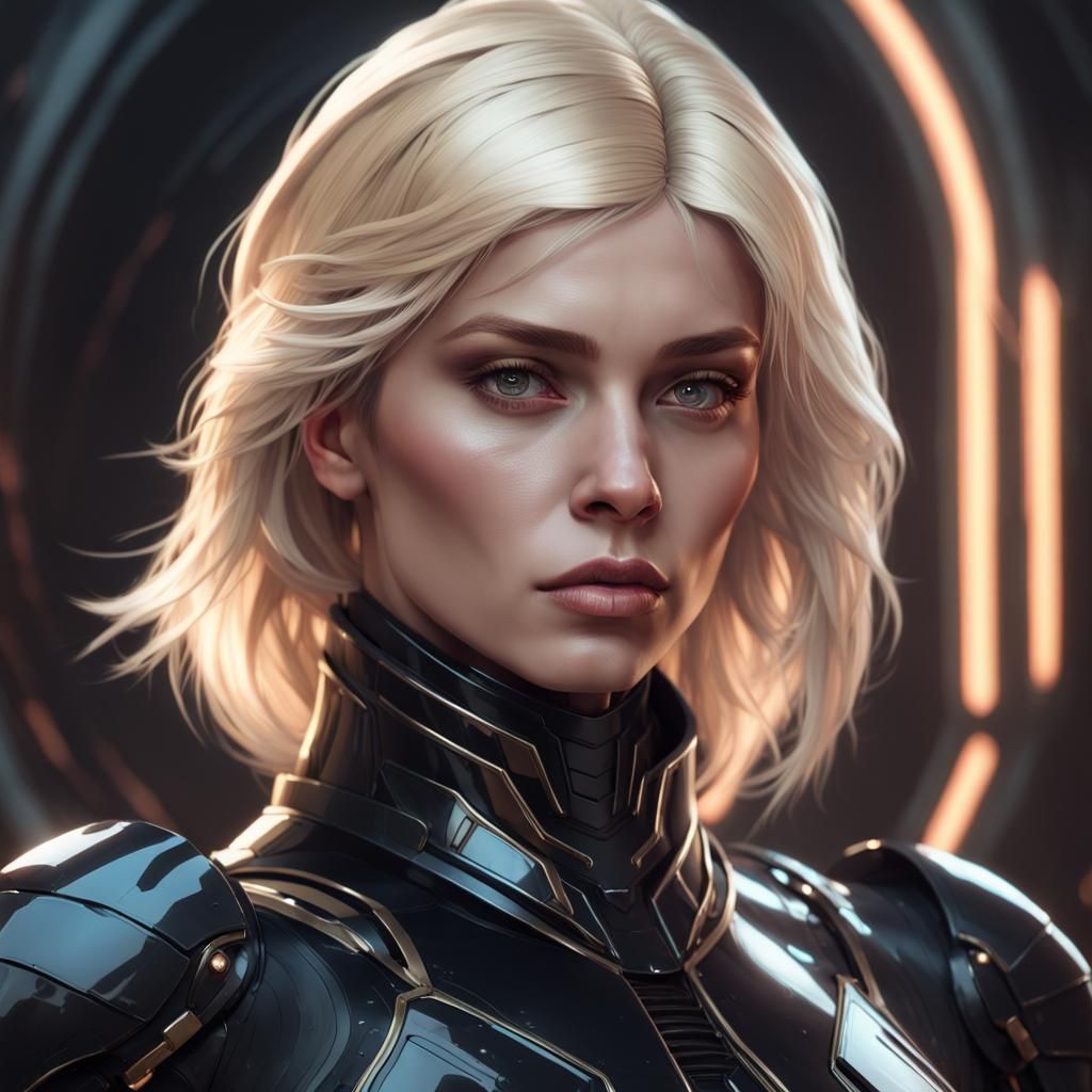 Haunting Blonde in Futuristic Armor Portrait