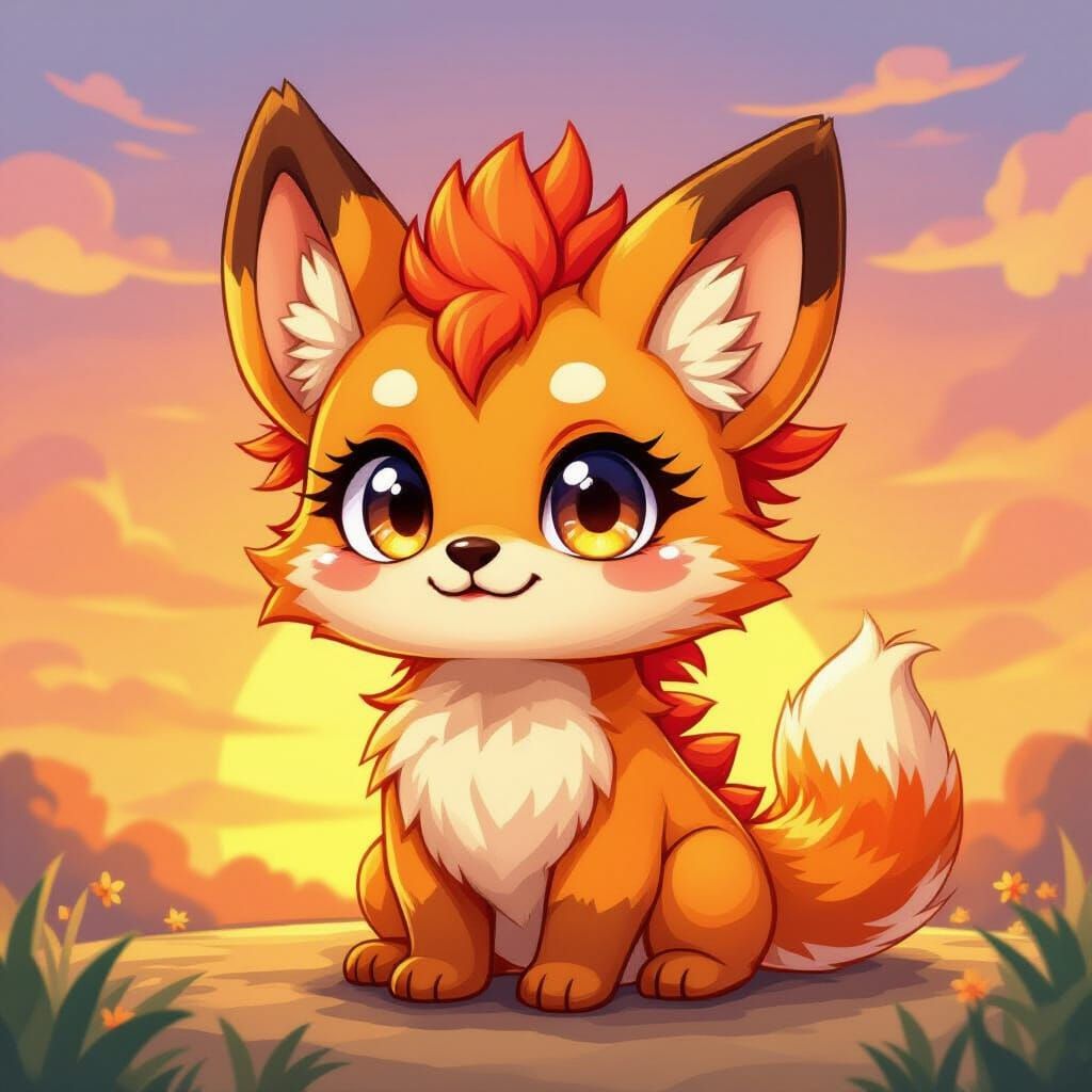 Chibi Phoenix Dragonhound with Sunset Background