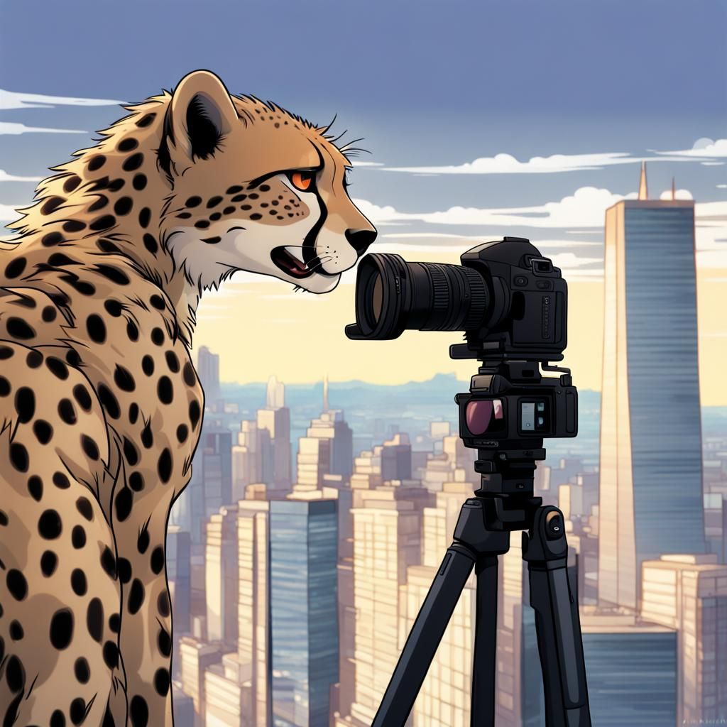 Cheetah Captures Cityscape: Anime-Inspired Photography