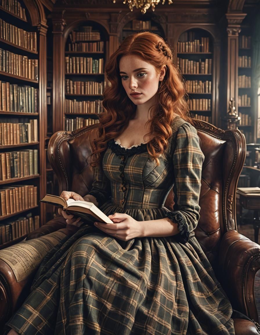 Victorian Woman Reading in Mansion Library