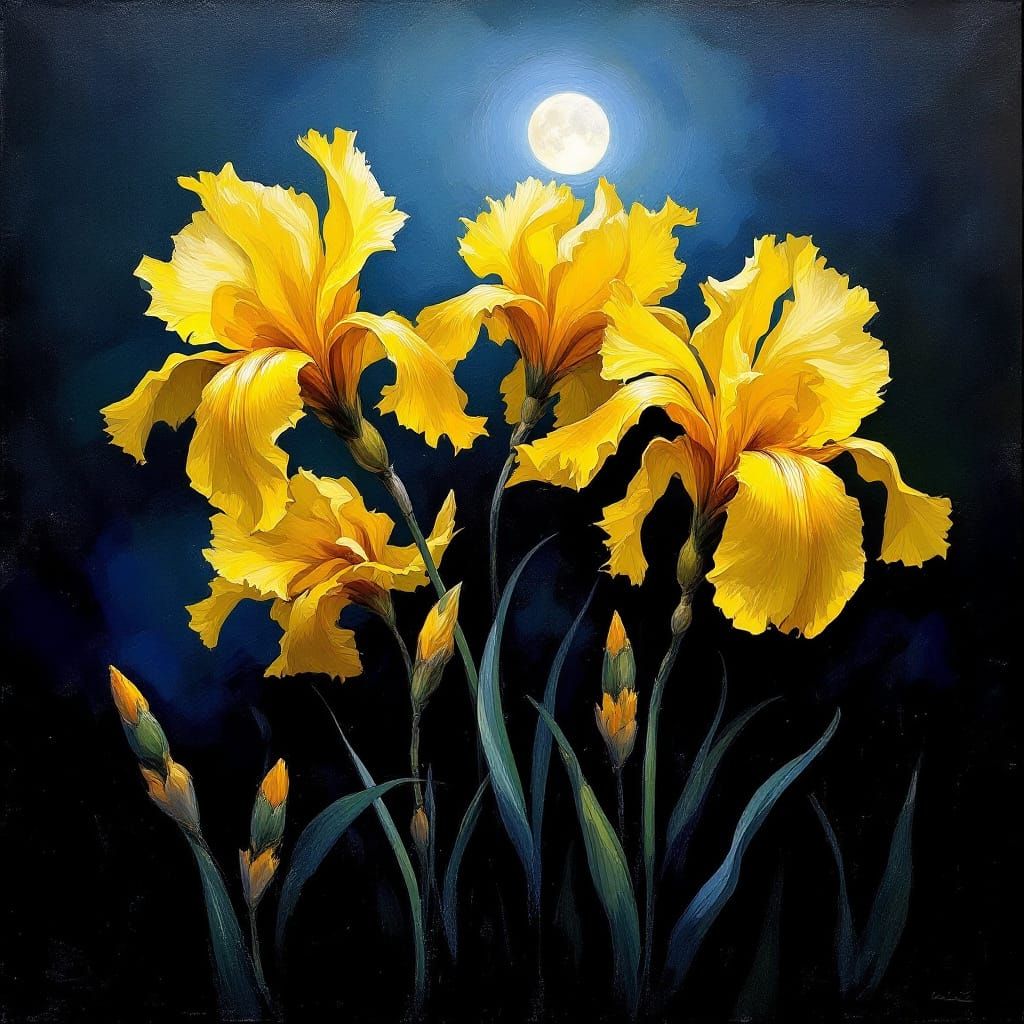 Moonlit Yellow Irises in Impasto Oil Painting