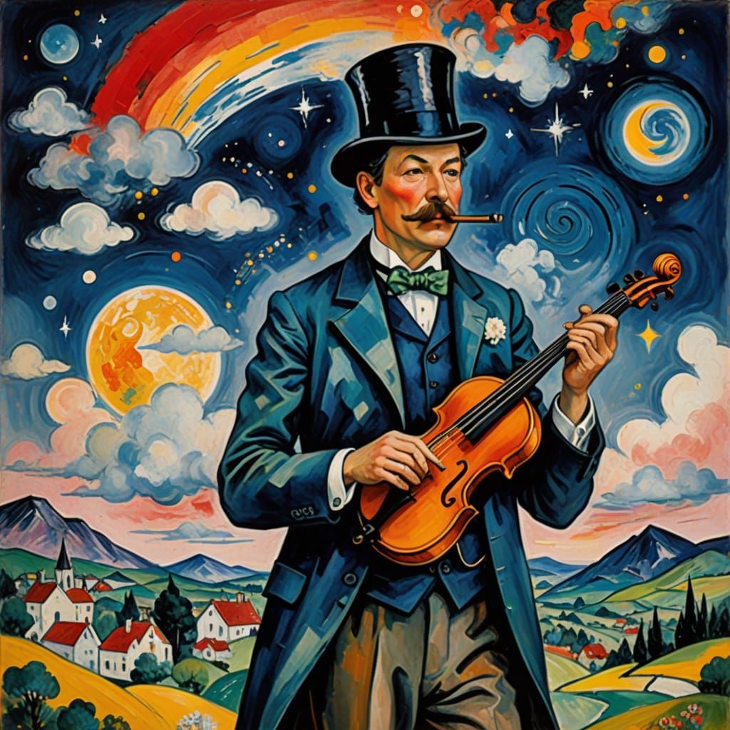 Conan Doyle in Whimsical Sky, Marc Chagall Style