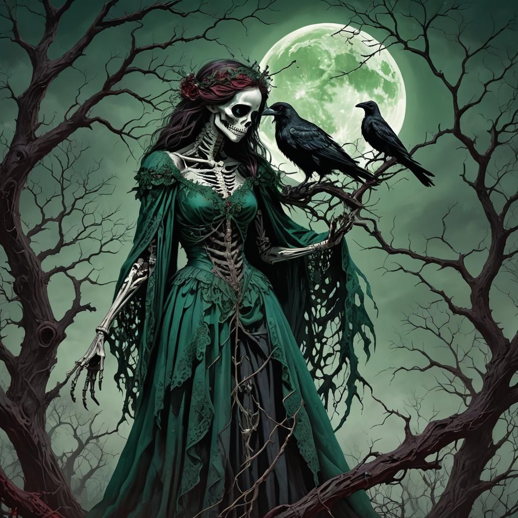 Ethereal Skeleton with Crow Under Blood Moon