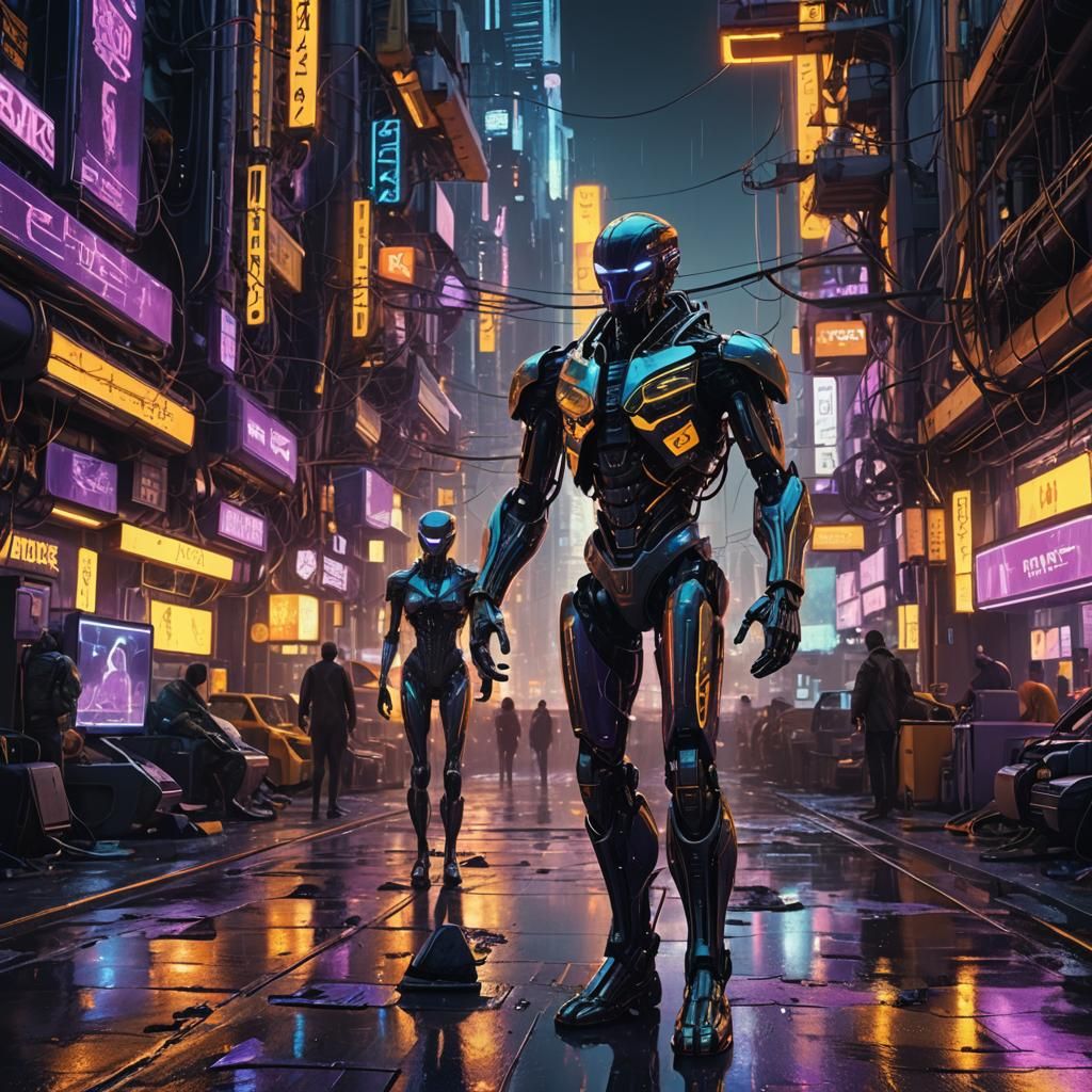Cyberpunk Cyborg in Futuristic Metropolis