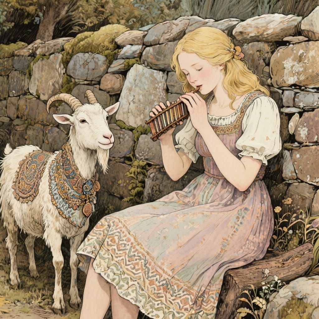Harmonica Player with Goat in Folk-Art Style