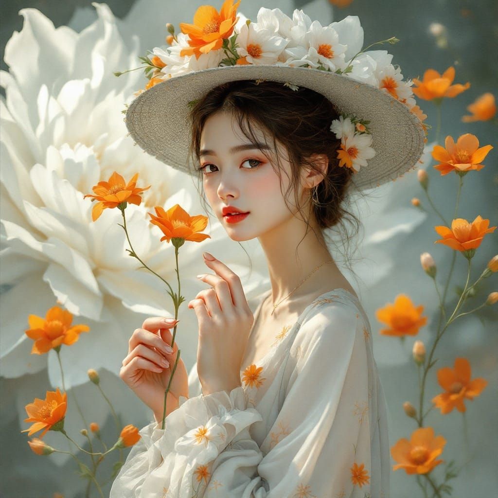 Ethereal Digital Painting of a Young Woman in a Dreamy Gray...