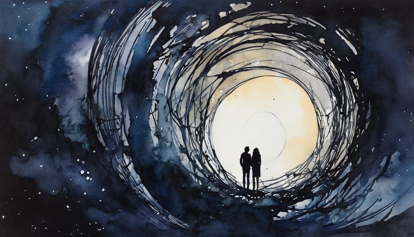 Ethereal Couple Embracing the Cosmic Void in Watercolor