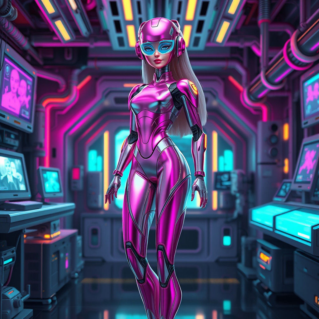 Futuristic Robot Barbie in Neon-Lit Laboratory