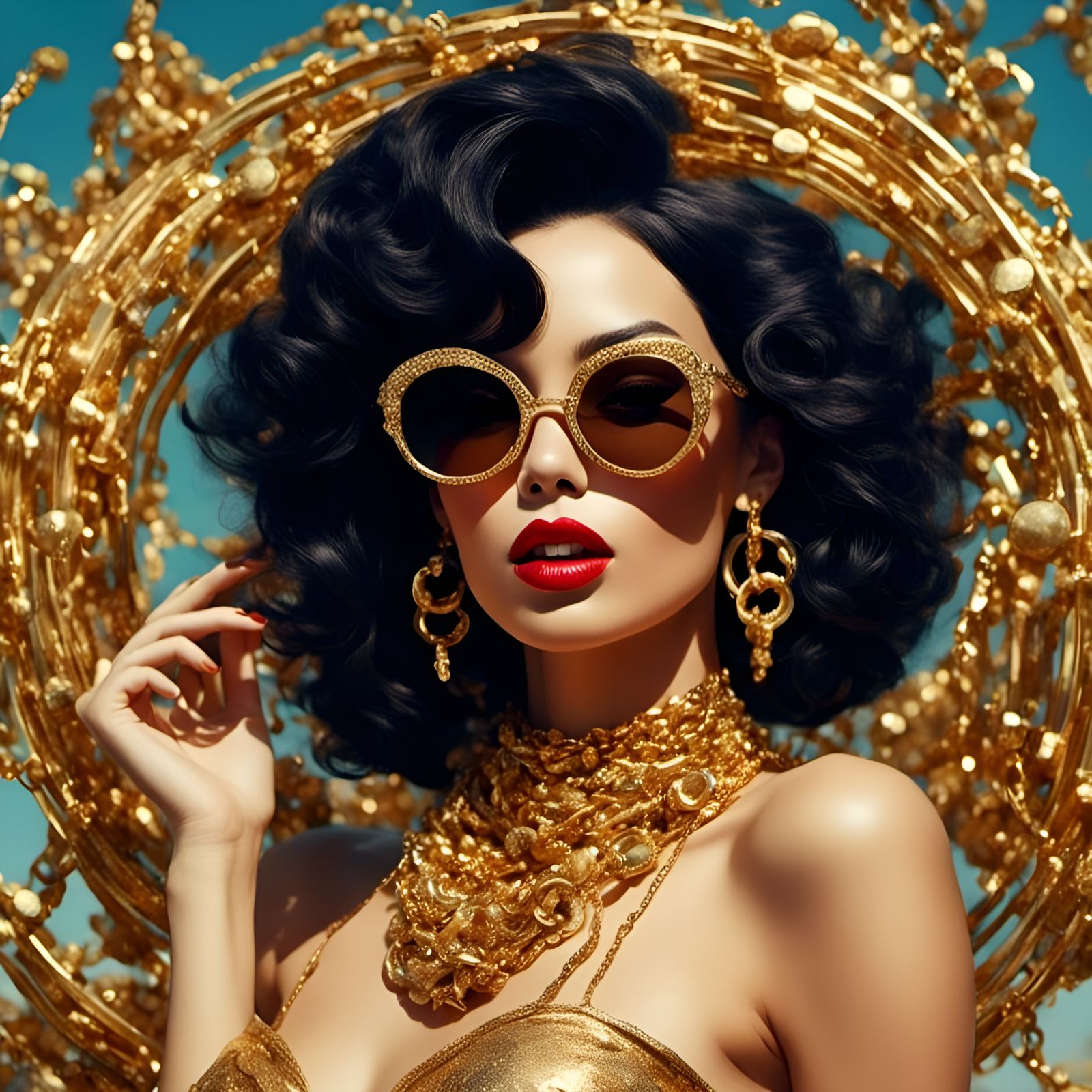 Glamorous Woman in Gold Bikini, Watercolor Pin-Up