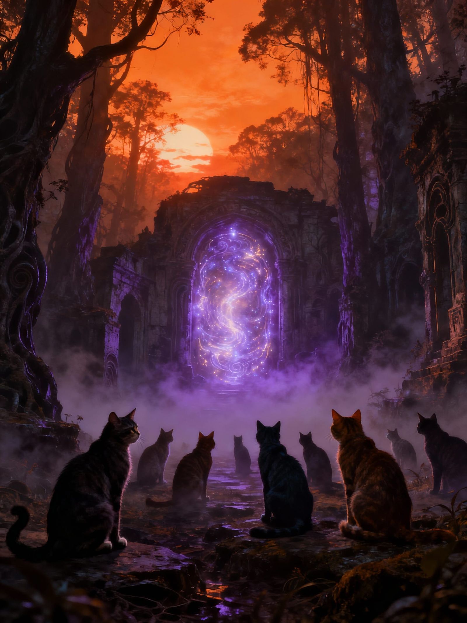 Eerie Cat Gathering in Misty Forest Ruins