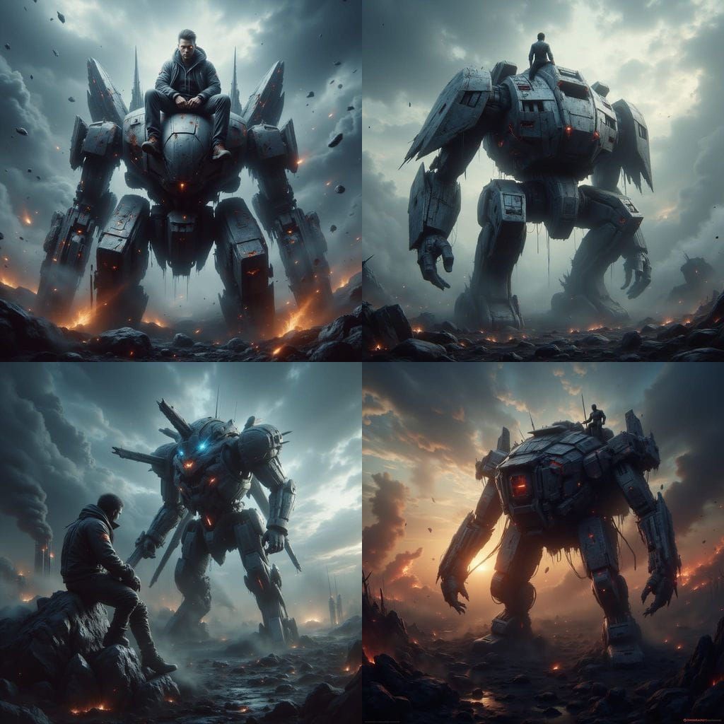 Mech Pilot Rests on Damaged Mech After Battlefield Combat