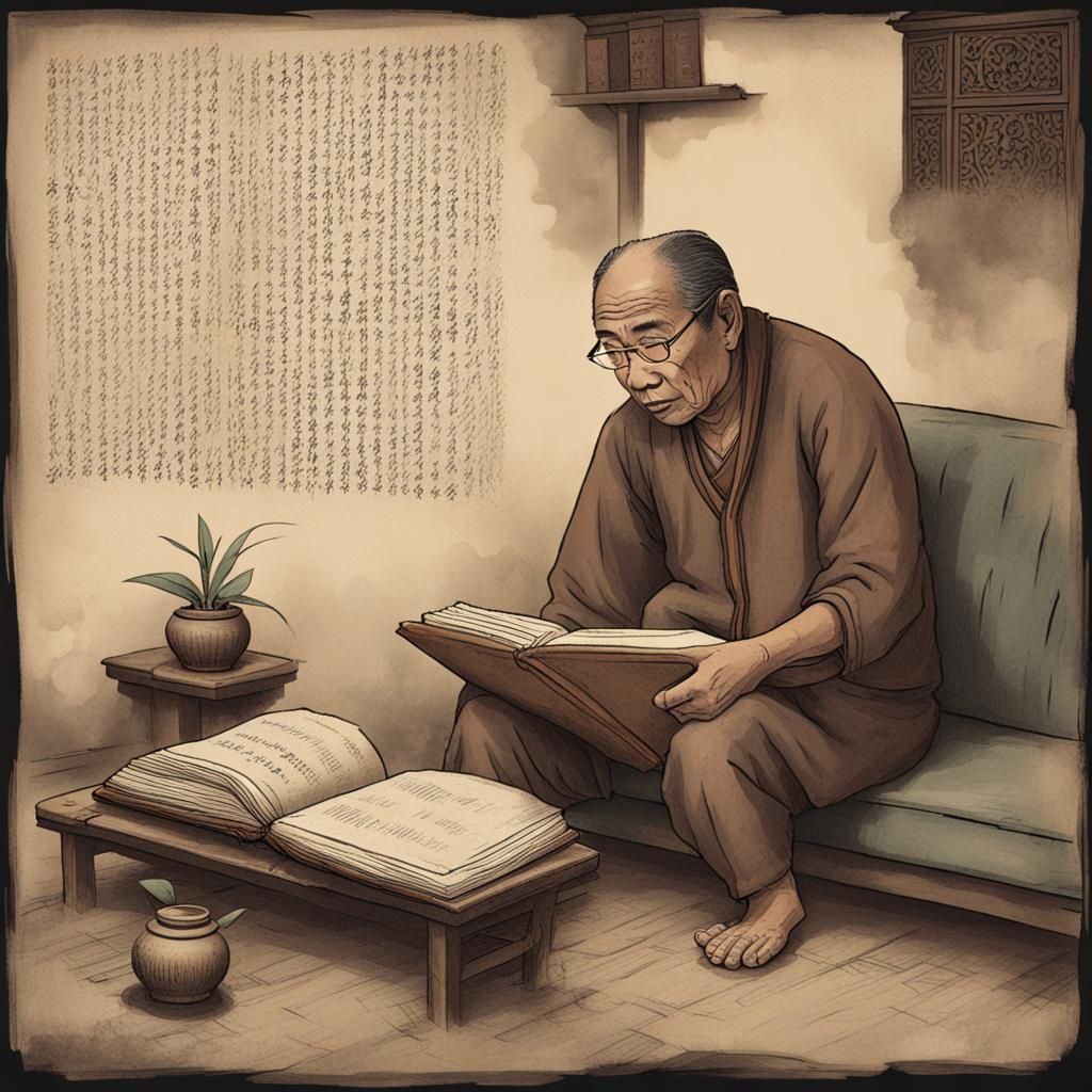 Man Reading Ancient Book with Animated Illustrations
